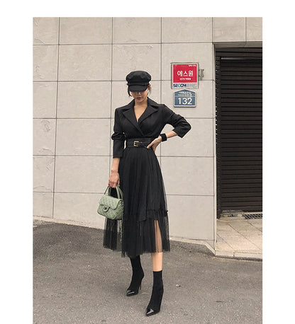 liwuka Elegant Blazer Dresses   Spring Casual Mesh Patchwork Notched Collar Long Sleeve With Belt Midi Dresses Big Swing Vestidos