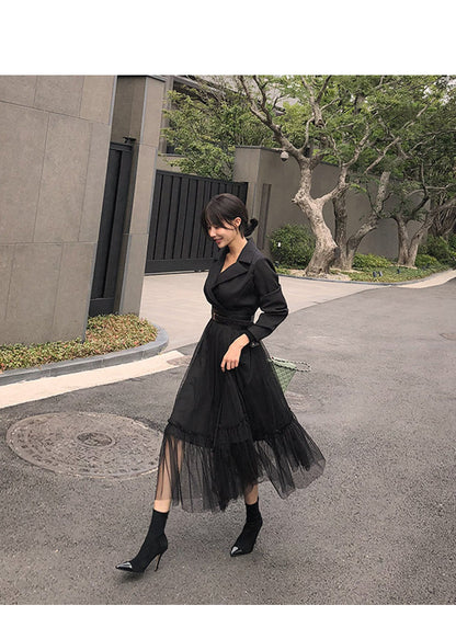 liwuka Elegant Blazer Dresses   Spring Casual Mesh Patchwork Notched Collar Long Sleeve With Belt Midi Dresses Big Swing Vestidos