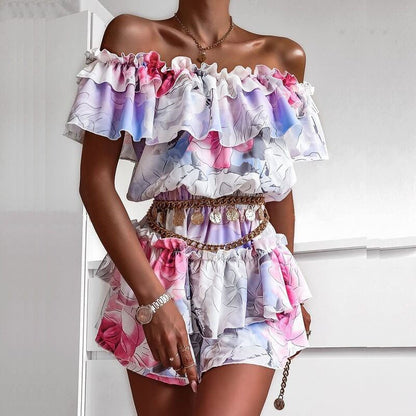 liwuka Sexy Off Shoulder Ruffle Mini Dresses Women Elegant Slash Neck Summer Beach Dress Casual Vintage Floral Print Ladies Party Dress