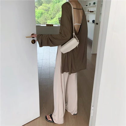 liwuka Two Piece Set Top and Pants Long Sleeve O-neck Loose Sexy Backless Slightly Transparent and High Waist Wide Leg Pants Trousers