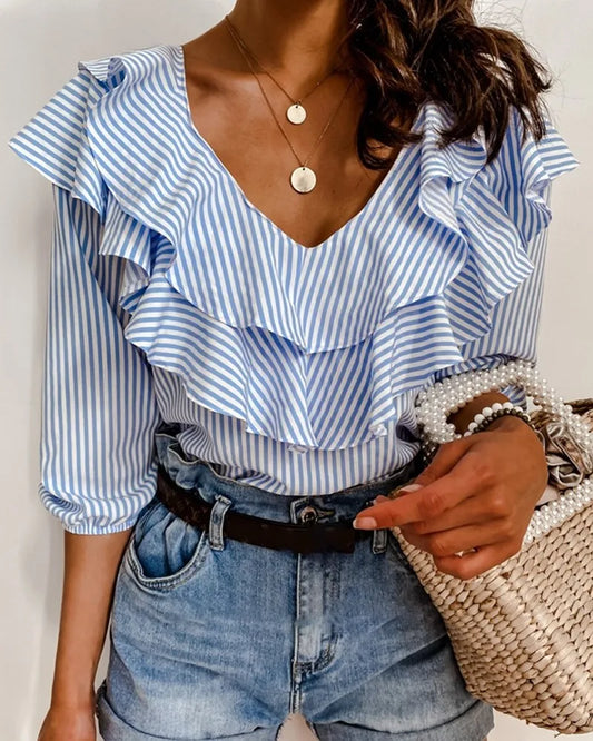 liwuka New Blue Striped Ruffles Collar Blouse for Women Summer Tops Office Lady Half Sleeve V-Neck Shirts Elegant Women Blouse