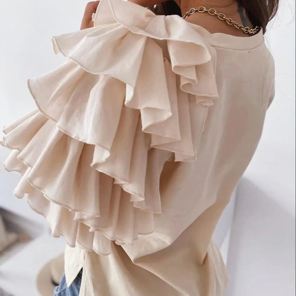 liwuka Fashion Women Blouse Elegant Fashion Solid Color Layered Ruffle Short Sleeve Asymmetric Loose Top Summer Blouses