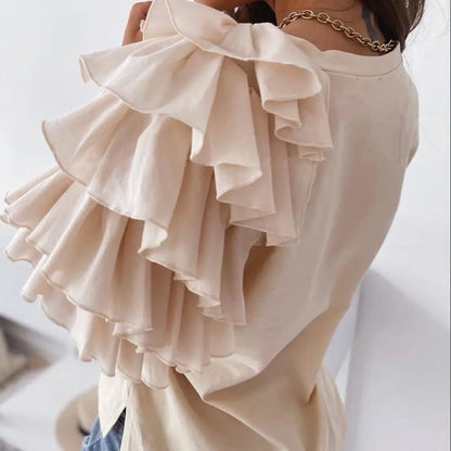 liwuka Fashion Women Blouse Elegant Fashion Solid Color Layered Ruffle Short Sleeve Asymmetric Loose Top Summer Blouses