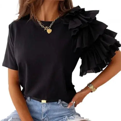 liwuka Fashion Women Blouse Elegant Fashion Solid Color Layered Ruffle Short Sleeve Asymmetric Loose Top Summer Blouses