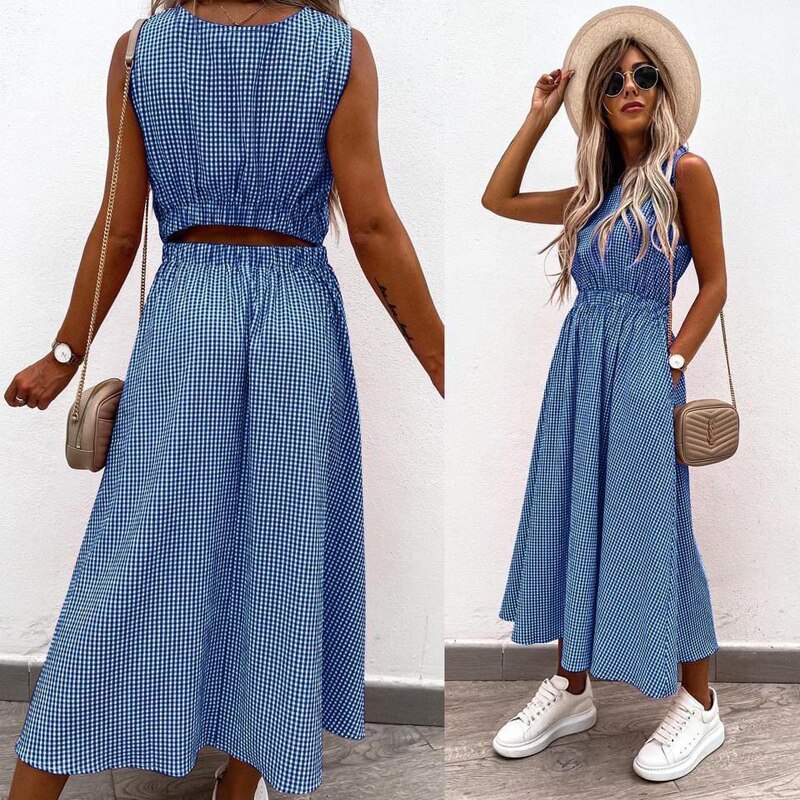 liwuka Elegant Fashion Plaid Print Dress Women Summer Casual Pocket Back A-Line Party Dress Female Sleeveless Loose Beach Dress Mujer