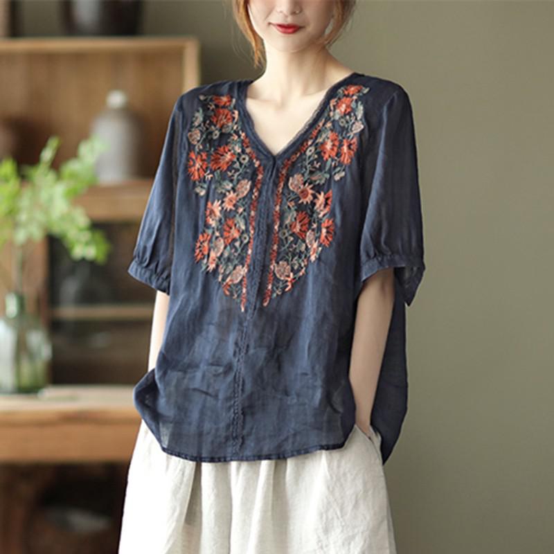 liwuka Women Summer Cotton Linen Casual T-shirts New Vintage Style V-neck Embroidery Loose Female Short Sleeve Tops Tees