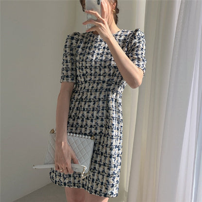 liwuka  Women's Summer Dresses Fashionable High Waist Puff Sleeve Plaid Knitted Elegant Party Dresses Checkered Vintage Dress Women