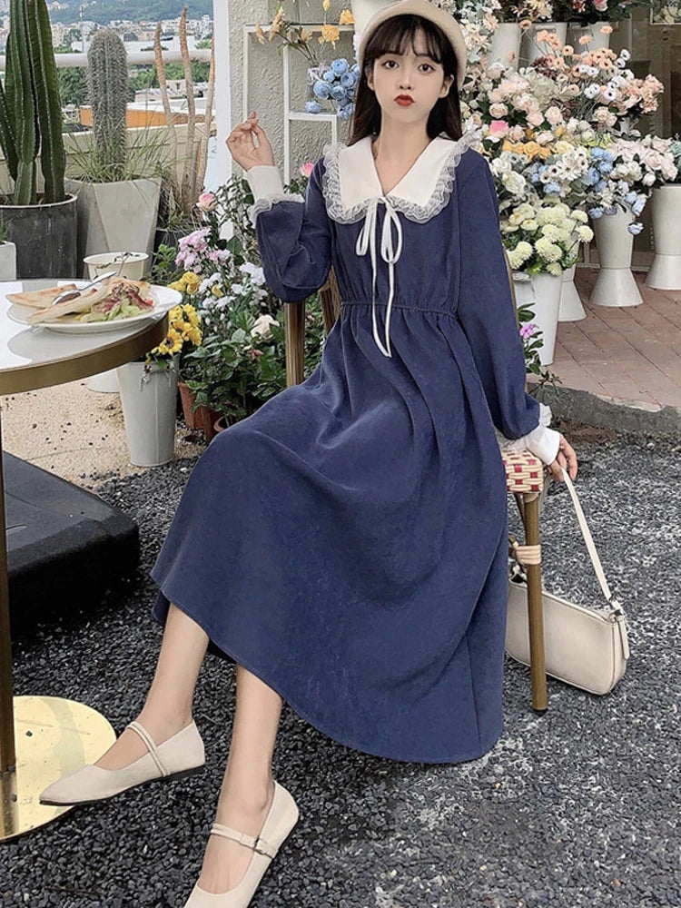 liwuka Vintage Dress Women Sweet Lace Peter Pan Collar French Elegant Long Sleeve Lace-Up Fairy One Piece Dress Korean Autumn Chic