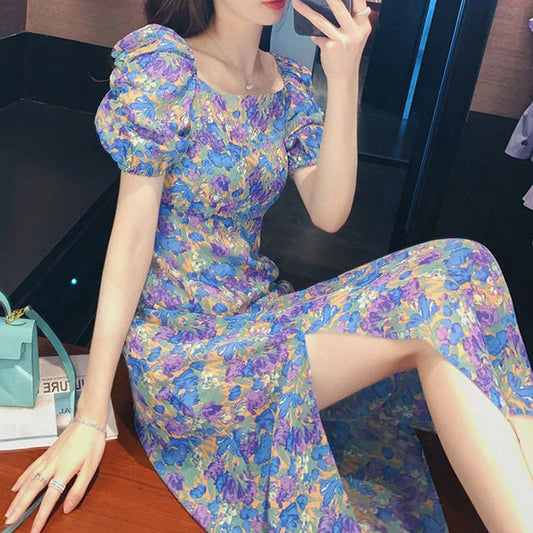 liwuka Floral Print Dress Women Sexy Puff Sleeve Chiffon Party Dress Lady 2020 Summer Elegant Vintage Retro Split Dress Women