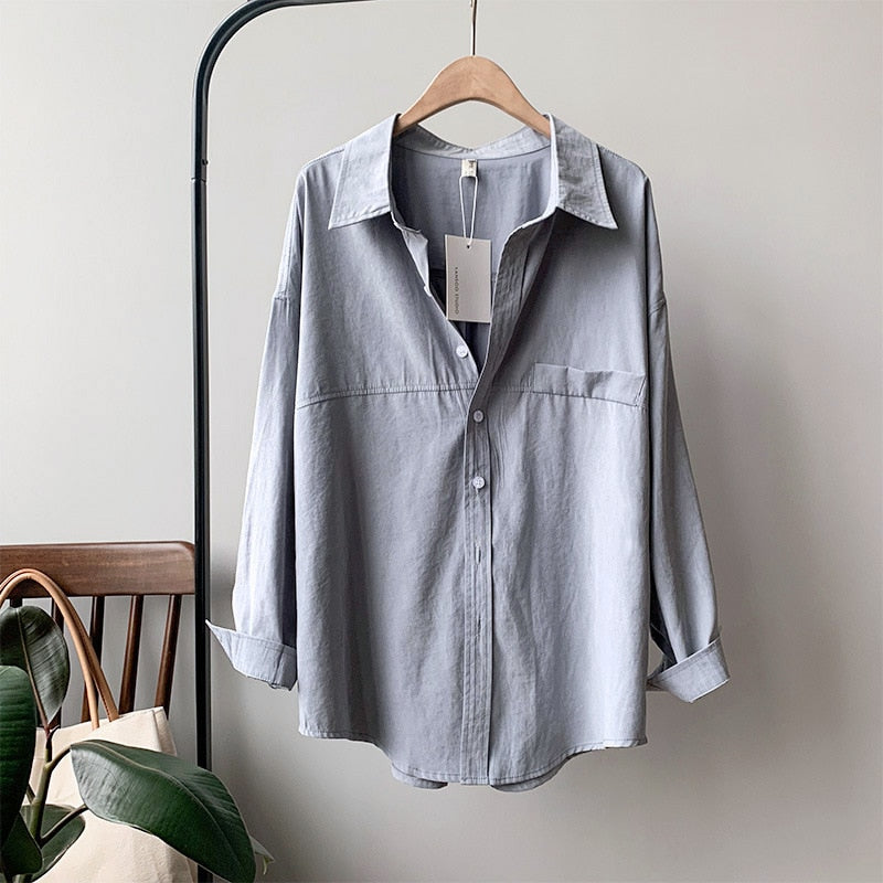 liwuka Minimalist Loose White Shirts for Women Turn-down Collar Solid Female Shirts Tops Spring Summer Blouses