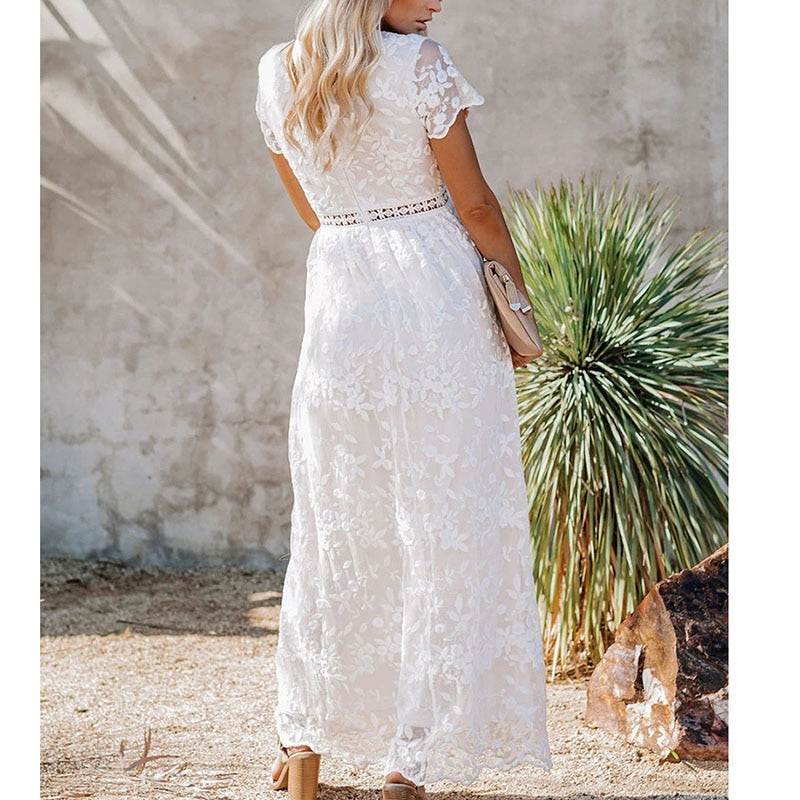 Summer Boho Women Maxi Dress Embroidery Short Sleeve Vocation Sexy White Lace Tunic Long Beach Dress