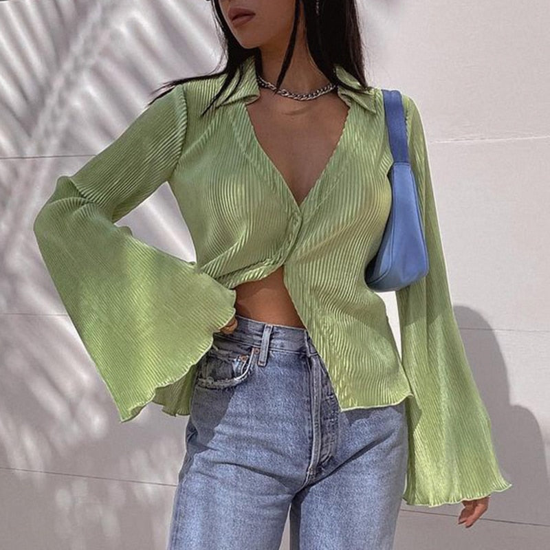 liwuka Green Vintage Flare Sleeve Top Shirt Y2K Button up V Neck Blouse Aesthetic Korean Fashion Streetwear Women's Shirts