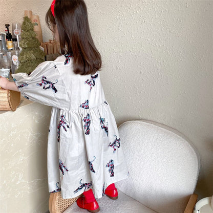 liwuka  Spring autumn kids colorful pony printing oversized long dress for girls cotton loose puff sleeve high quality dresses