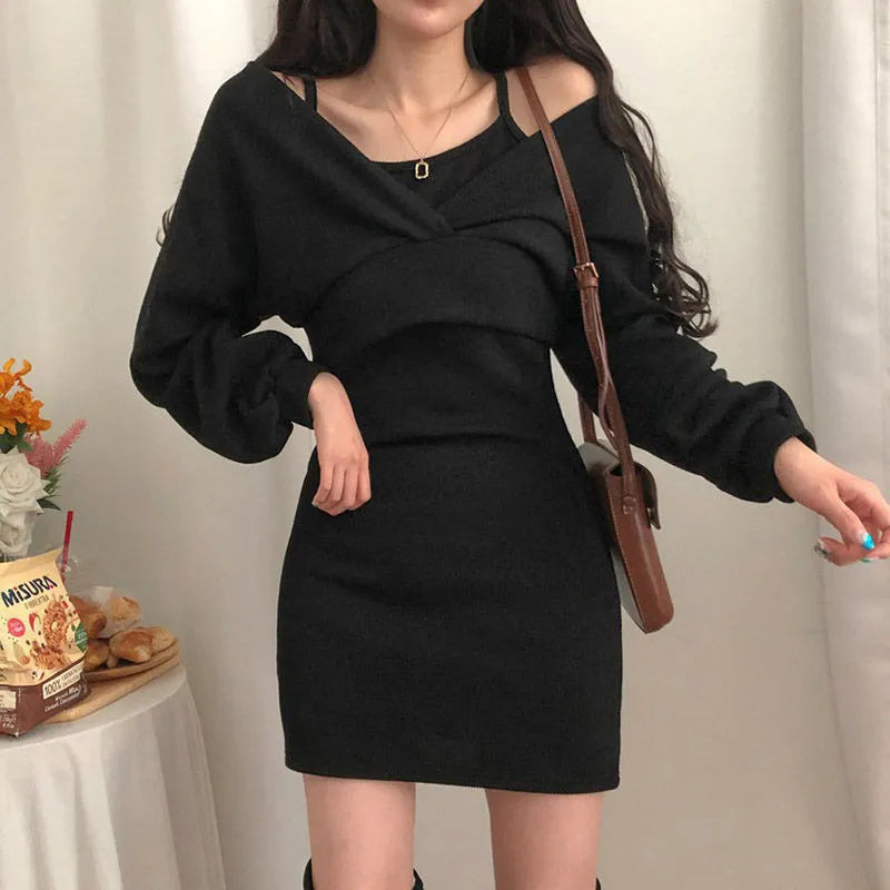 liwuka Sexy Solid Knitted Mini Dress Women Two Piece Set Skinny Dresses and Long Sleeve Knitted Cardigan Harajuku Dress Vestidos