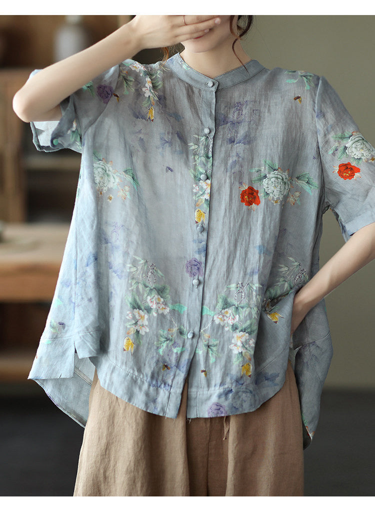 liwuka Women Cotton Linen Casual Shirts New Arrival Summer Vintage Floral Print Loose Female Short Sleeve Tops