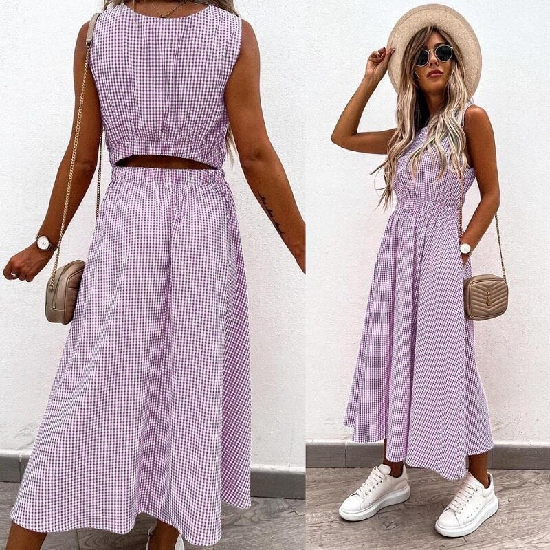 liwuka Elegant Fashion Plaid Print Dress Women Summer Casual Pocket Back A-Line Party Dress Female Sleeveless Loose Beach Dress Mujer