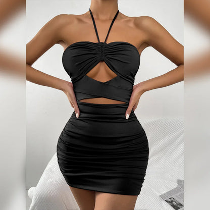 liwuka Summer Halter Strapless Women Dress Black Sleeveless Cut-out Bodycon Dress Sexy Backless Night Club Cocktail Party Mini Dresses