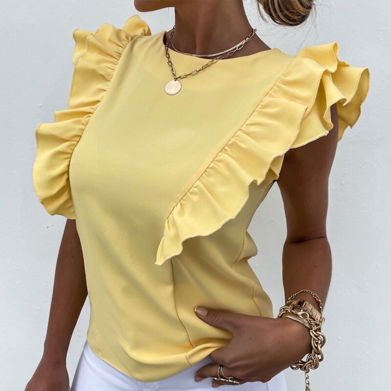 liwuka Elegant Women Solid Ruffle Blouses Shirts Sexy Back Hollow Out Tie-Up Bow Shirt Tops Office Lady O Neck Sleeveless Design Blusas