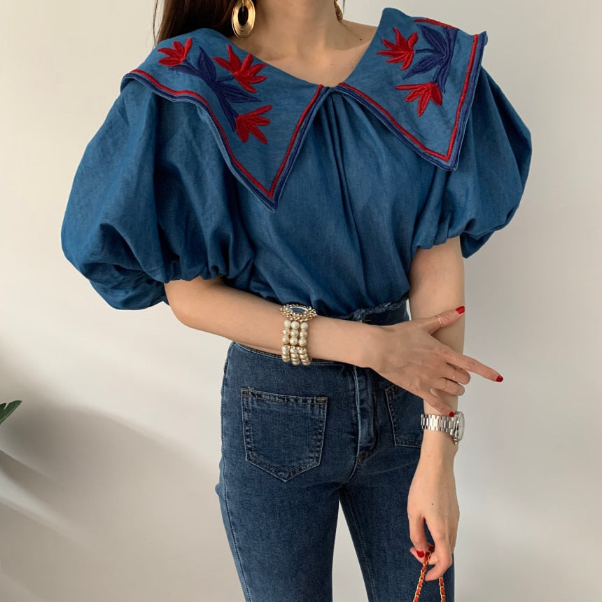 liwuka Vintage Ethnic Style Flower Embroidey Blouses Women Summer Lantern Sleeve Loose Denim Shirt Femme Tops Blusas