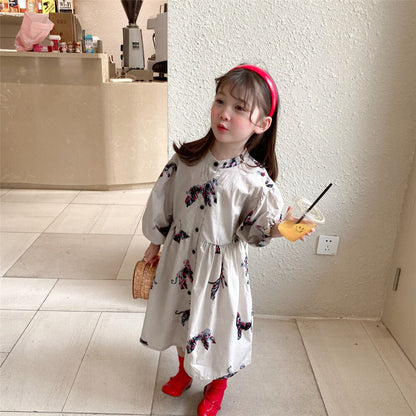 liwuka  Spring autumn kids colorful pony printing oversized long dress for girls cotton loose puff sleeve high quality dresses