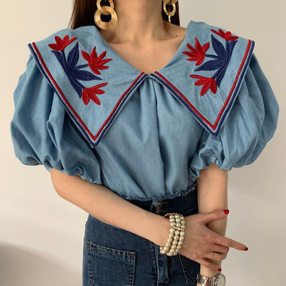 liwuka Vintage Ethnic Style Flower Embroidey Blouses Women Summer Lantern Sleeve Loose Denim Shirt Femme Tops Blusas