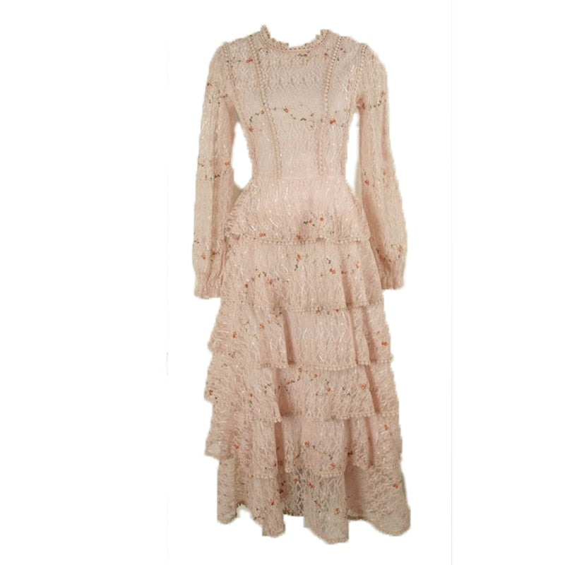 liwuka Vintage Spring Women Lace Embroidery Sweet Ruffles Layered Midi Long Dress Elegant Princess Party Holiday Dress Vestidos