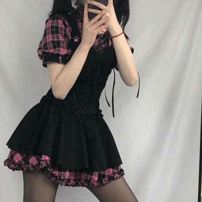 liwuka  Summer Dress Women Kawaii Plaid Lolita Dresses Sweet Pink Patchwork Bow Y2k Sundress Sexy Fashion Short Sleeve Robe