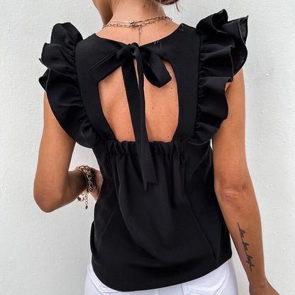 liwuka Elegant Women Solid Ruffle Blouses Shirts Sexy Back Hollow Out Tie-Up Bow Shirt Tops Office Lady O Neck Sleeveless Design Blusas