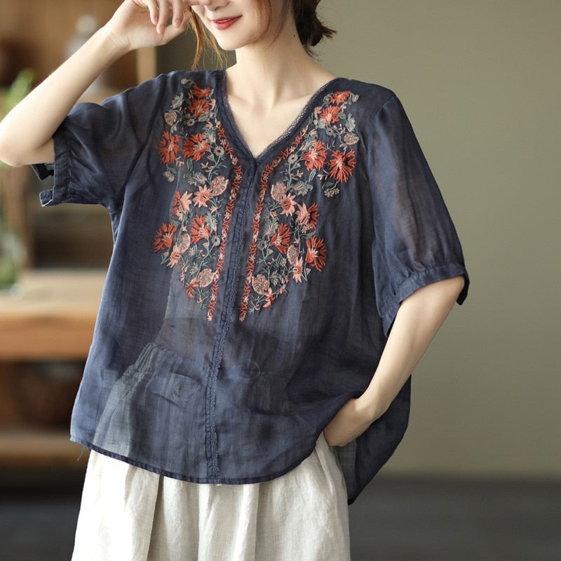 liwuka Women Summer Cotton Linen Casual T-shirts New Vintage Style V-neck Embroidery Loose Female Short Sleeve Tops Tees