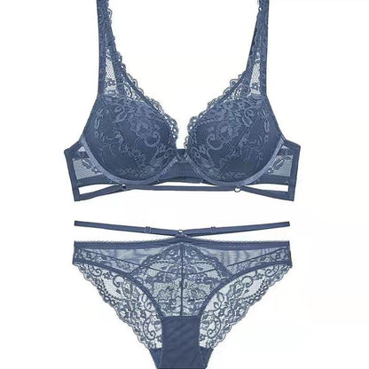 liwuka Lace Bra Set Small Breasts Show Big Gather French Style For Women Sexy Top  Fashion Sexy Girl In Underwear Set Blue Black