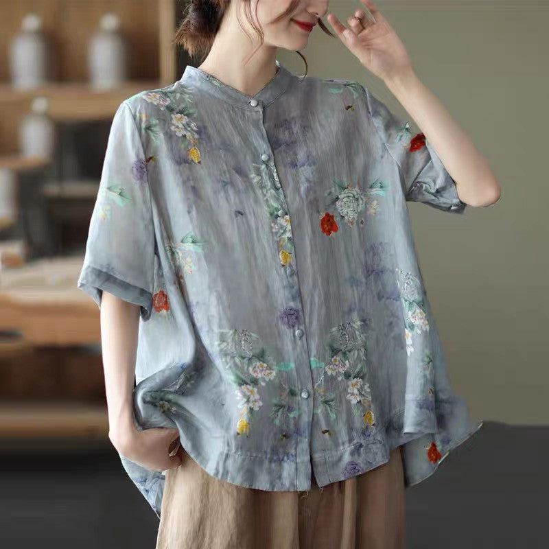 liwuka Women Cotton Linen Casual Shirts New Arrival Summer Vintage Floral Print Loose Female Short Sleeve Tops