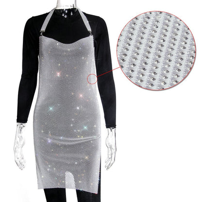 liwuka  Sexy Glitter Dress Fishnet Metal Rhinestone Summer Dress Women Y2k Festival Club Party Dress Elegant Diamond Dresses