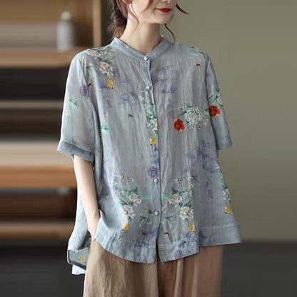 liwuka Women Cotton Linen Casual Shirts New Arrival Summer Vintage Floral Print Loose Female Short Sleeve Tops