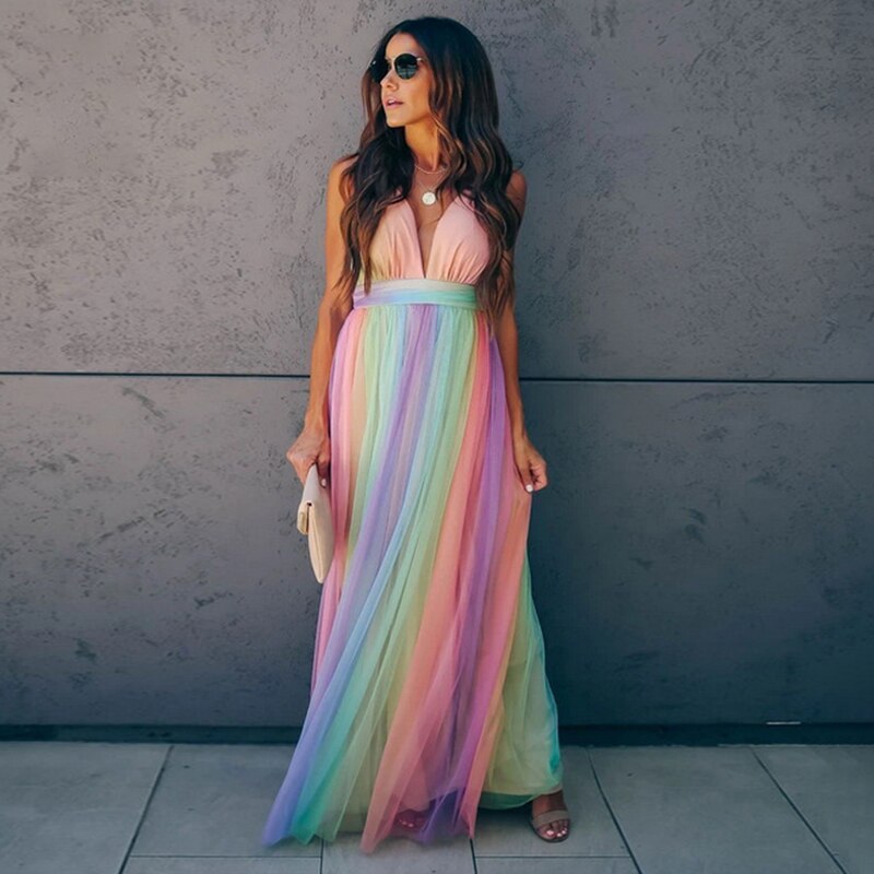 Sexy Long Dress Women Summer Clothes High Waist Sling Deep V-neck Rainbow Mesh Party Beach Dresses Women Streetwear Vestidos