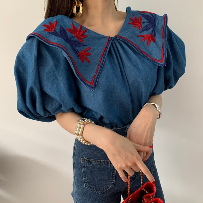 liwuka Vintage Ethnic Style Flower Embroidey Blouses Women Summer Lantern Sleeve Loose Denim Shirt Femme Tops Blusas