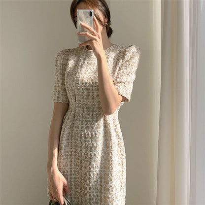 liwuka  Women's Summer Dresses Fashionable High Waist Puff Sleeve Plaid Knitted Elegant Party Dresses Checkered Vintage Dress Women