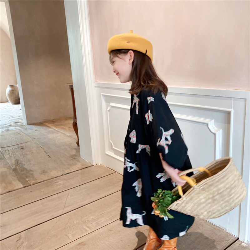 liwuka  Spring autumn kids colorful pony printing oversized long dress for girls cotton loose puff sleeve high quality dresses