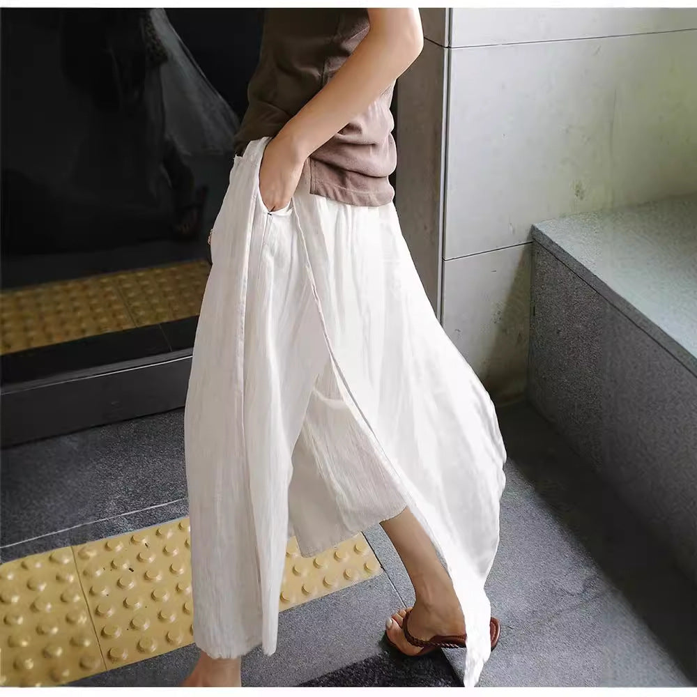 liwuka-shop 2000s fashion Linen Large Slit Culottes One-Piece Women's Spring and Summer Loose plus Size Casual Cropped Pants Fake Two-Piece Cotton Linen Wide-Leg Pants Skirt