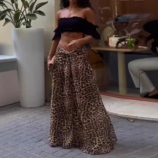 liwuka-shop clothes 2024 Summer Fashion Casual Short-Sleeved Pleated Top Leopard Skirt Two-Piece Set