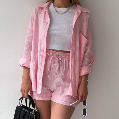 liwuka-shop going out outfits 2024 Women's Ruffle Lapel Long Sleeve Shirt High Waist Drawstring Shorts Fashion Casual Two-Piece Set