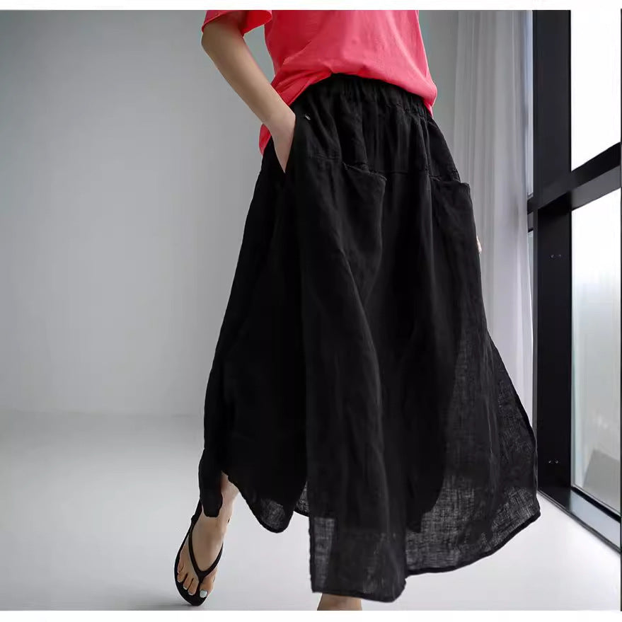 liwuka-shop 2000s fashion Linen Large Slit Culottes One-Piece Women's Spring and Summer Loose plus Size Casual Cropped Pants Fake Two-Piece Cotton Linen Wide-Leg Pants Skirt