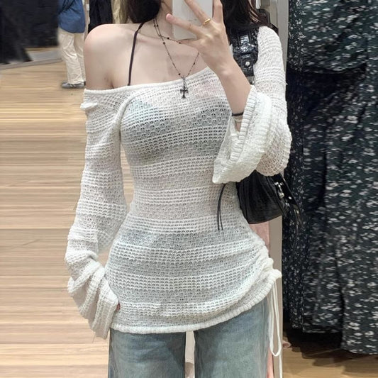 liwuka-shop y2k outfits White Thin Hollow-out Blouse Women's Summer Loose Stacked Bell Sleeve Ice Silk off-Shoulder Knitted Top