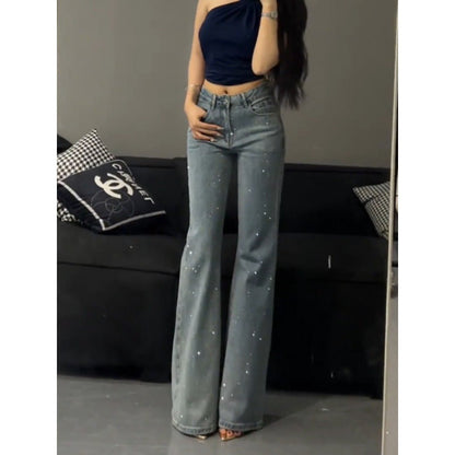 liwuka-shop outfit inspo Loose Retro Heavy-Duty Rhinestone High Waist Skinny Jeans for Women 2024 Summer New Style Slim Flared Pants without Leg Sticking