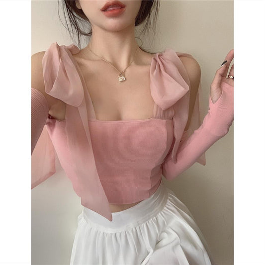 liwuka fall outfits aesthetic Women's Bow Mesh Knitted Camisole Summer Outer Wear Slim Fit Regular Short Pink Inner Top