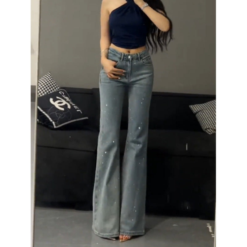 liwuka-shop outfit inspo Loose Retro Heavy-Duty Rhinestone High Waist Skinny Jeans for Women 2024 Summer New Style Slim Flared Pants without Leg Sticking