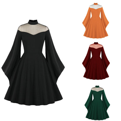 liwuka dress to impress retro glamour New Halloween Black Queen Mesh Bell Sleeve Stitching Retro Dress