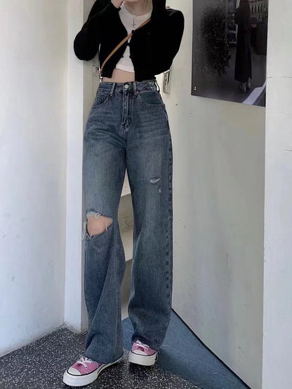 liwuka-shop outfit inspo Light Blue Women's Wide-Leg Jeans Summer New Fashion High Waist Loose Micro-Pull Mop Pants Ins