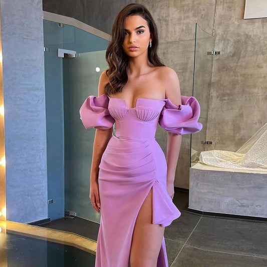 liwuka-shop rainforest dress to impress Summer New Purple Puff Sleeve off-Shoulder Ruffled Mid-Length Bandage Dress Sexy Tight Style