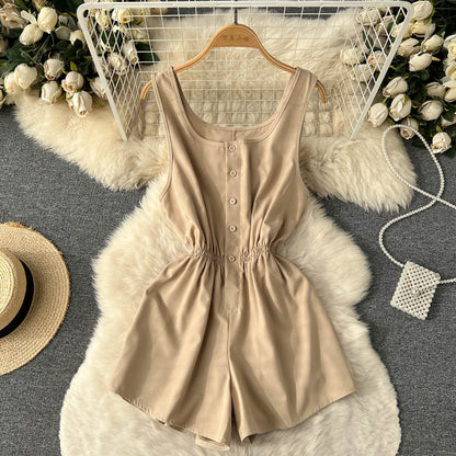 liwuka-shop going out outfits Summer New Ins Seaside Holiday Style Solid Color Wide-Leg One-Piece Shorts Women's Single-Breasted U-Neck Suspender Jumpsuit Pants