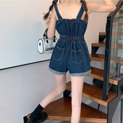 liwuka-shop going out outfits 2024 Summer New Workwear Suspender Jeans Women's Small Tight Waist Fashion Wide Leg Curling One-Piece Shorts